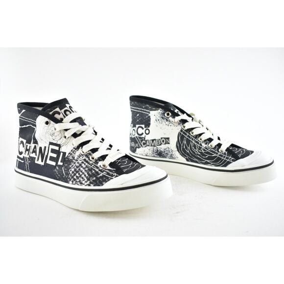 Chanel 20P Black White Fabric CC Logo Flat High Top Runner Trainer Sneaker 37 - Picture 4 of 10